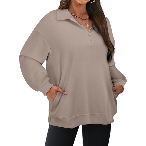 Plus Size Sweatshirt Women Polyester Spandex Pockets Quarter Zip Oversized - Picture 1 of 7